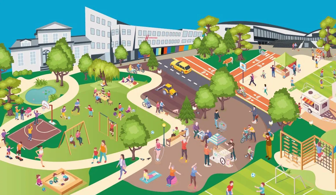 Illustratie van een levendige gezonde wijk met spelende kinderen, sporters, een park en winkelende mensen