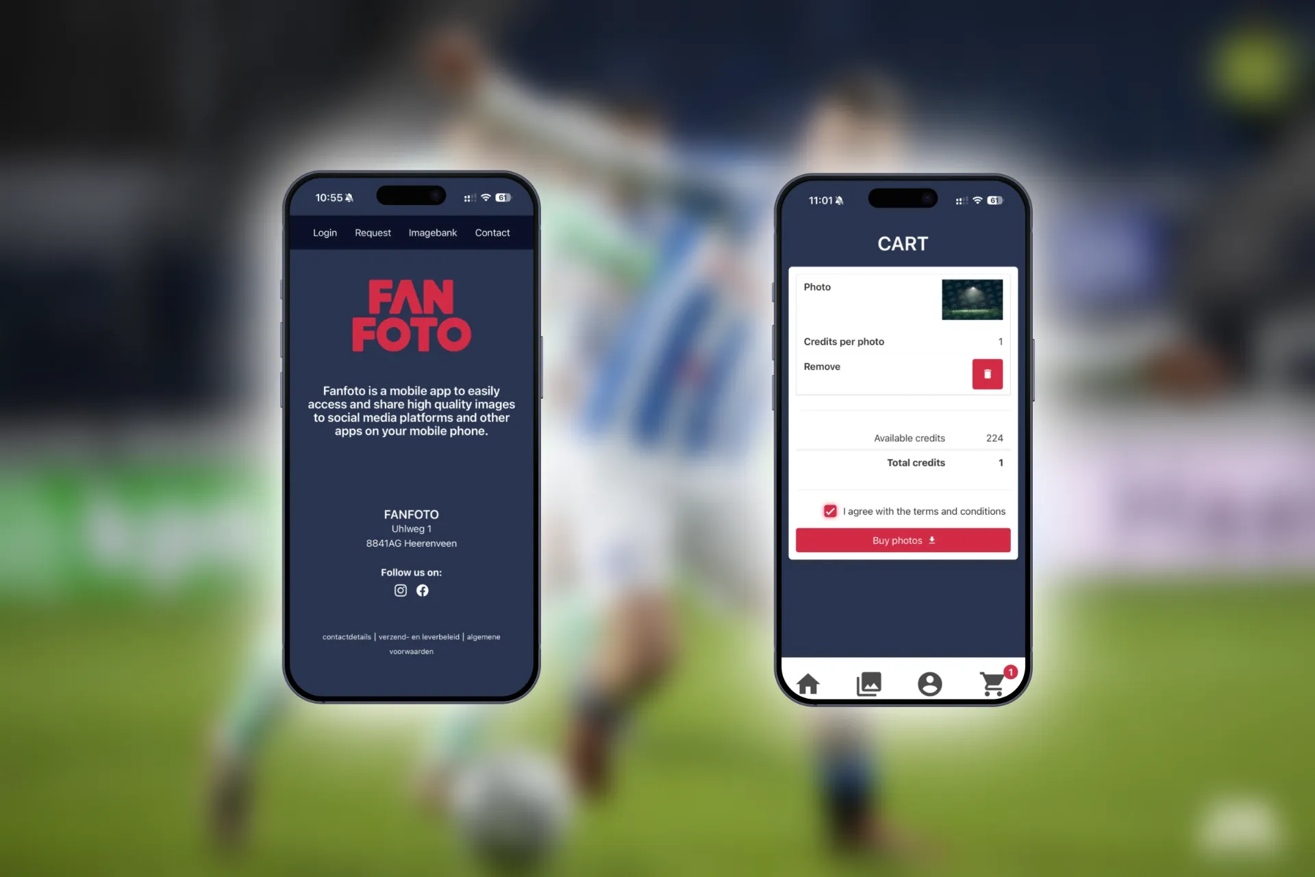 Twee telefoons met de Fanfoto-app: de startpagina en een winkelwagen waarin een sportfoto met credits wordt afgerekend